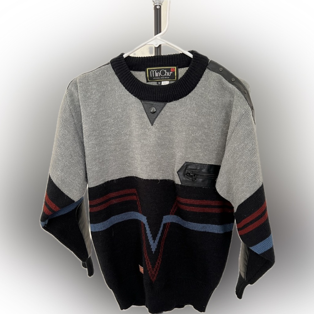 MinChu Vintage Wool Rabbit Hair Leather Accented Sweater Medium Elbow Pads